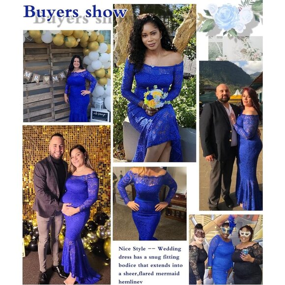 Women's Blue Floral Lace Long Sleeve Off Shoulder Wedding Mermaid Dress - Picture 3 of 6